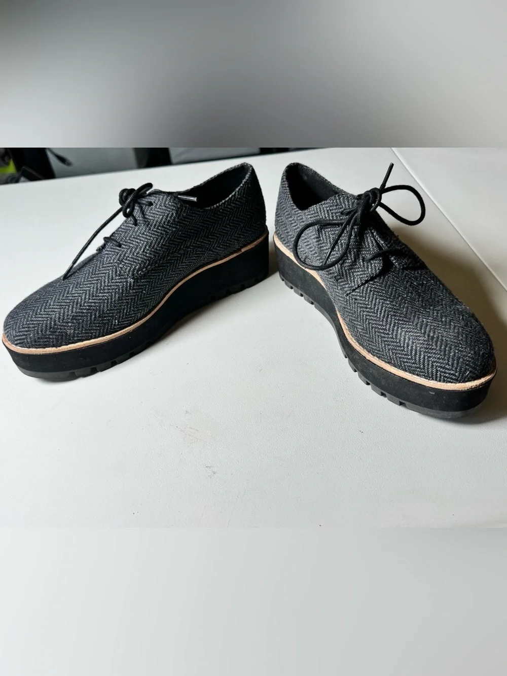 Eileen Fisher Black Herringbone Lace-Up Platform Oxfords